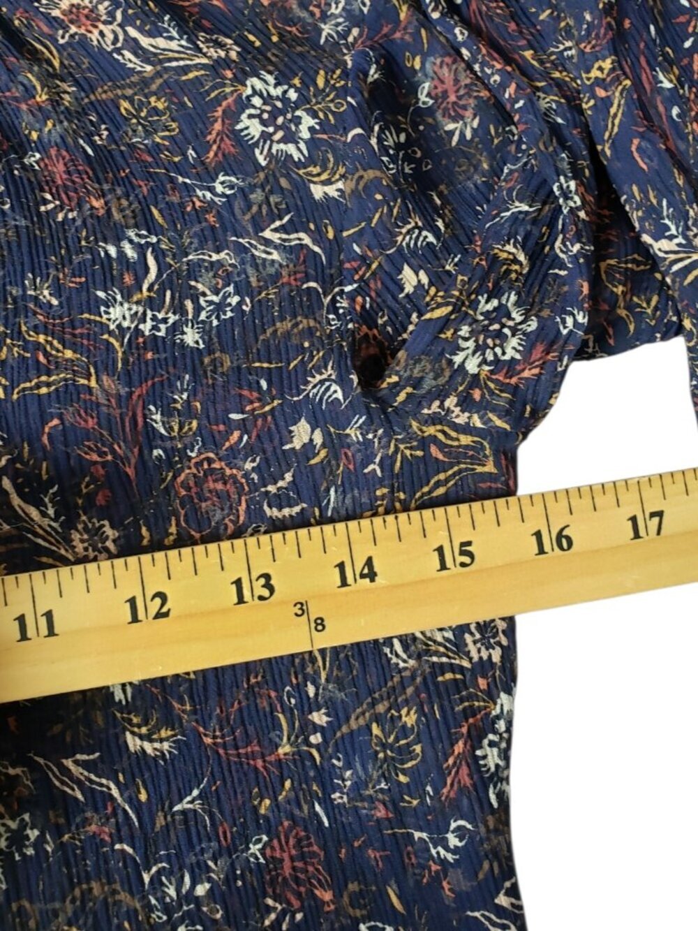 Elie Tahari Floral Sheer Silk Blouse With Ruffle Collar & Cuff Navy/Orange XSmal - Picture 12 of 16